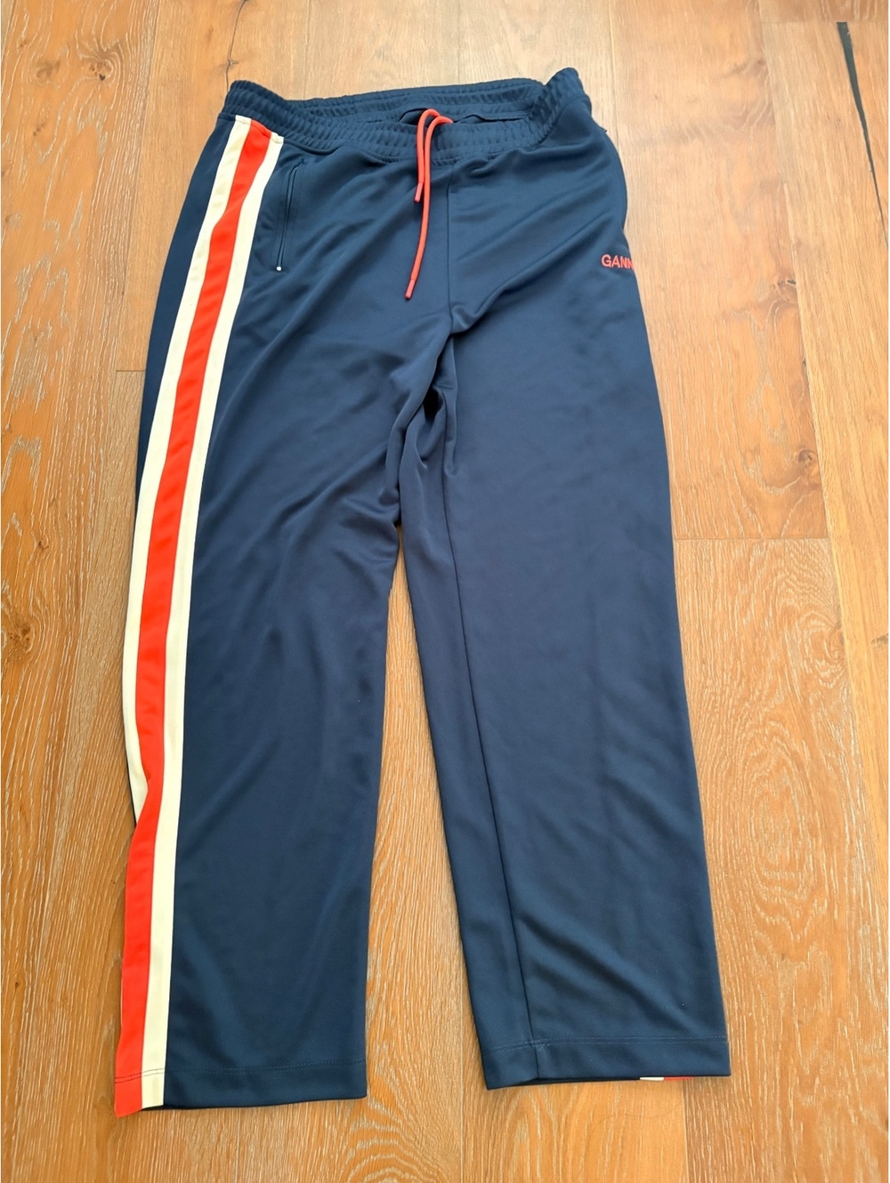 Ganni Navy Red Cream Side Stripe Drawstring Track Pants Tagged XL